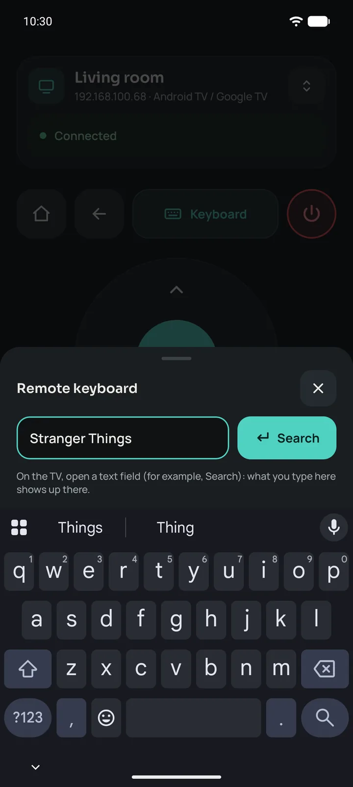 The Remotito keyboard with a search typed, in sync with the TV