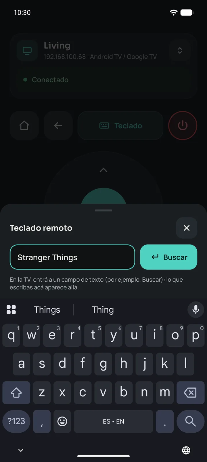 El teclado de Remotito con una búsqueda escrita, sincronizada con la TV